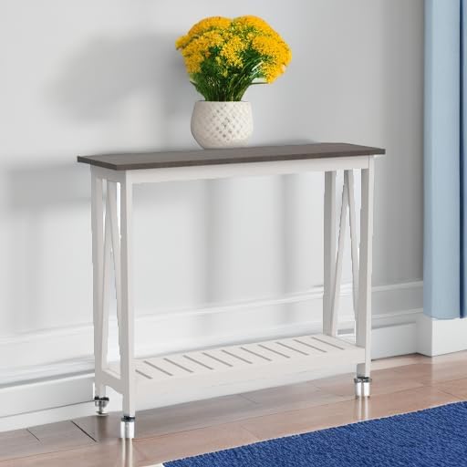 Farmhouse Console Table – Narrow White Sofa Table with Lower Storage Shelf