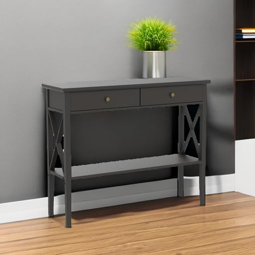 Slim Farmhouse Console Table with 2 Drawers & Storage Shelf