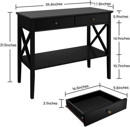 Slim Farmhouse Console Table with 2 Drawers & Storage Shelf