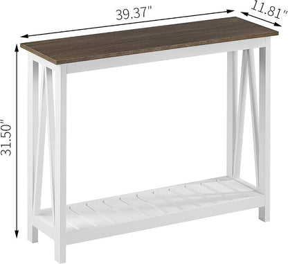 Farmhouse Console Table – Narrow White Sofa Table with Lower Storage Shelf