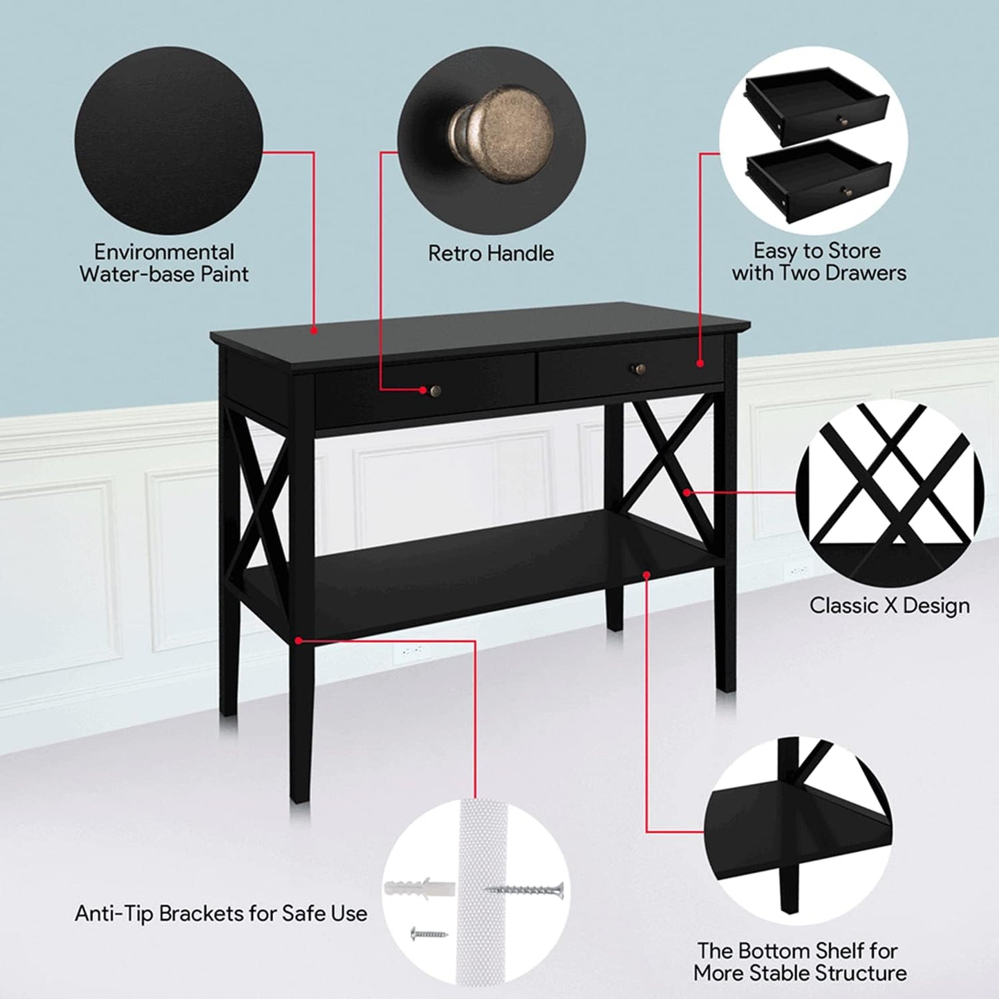 Slim Farmhouse Console Table with 2 Drawers & Storage Shelf