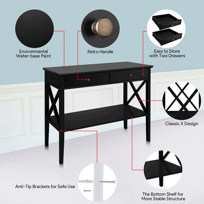 Slim Farmhouse Console Table with 2 Drawers & Storage Shelf