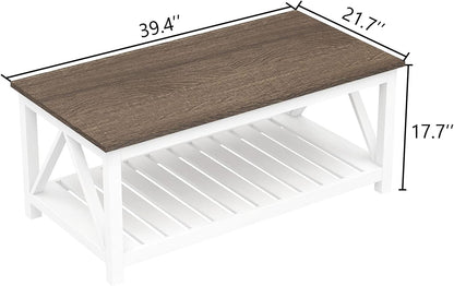 Farmhouse Coffee Table with Storage Shelf – Rustic Two-Tone Living Room Table