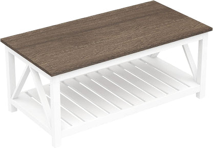 Farmhouse Coffee Table with Storage Shelf – Rustic Two-Tone Living Room Table