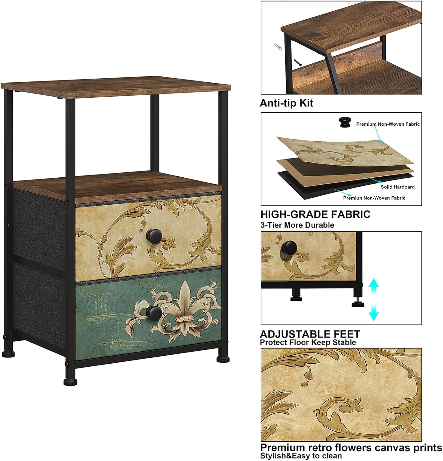 Modern Nightstand with Charging Station – LED Bedside Table with 3 Drawers & Storage