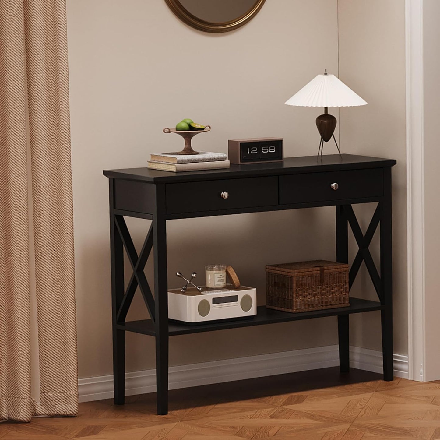 Slim Farmhouse Console Table with 2 Drawers & Storage Shelf