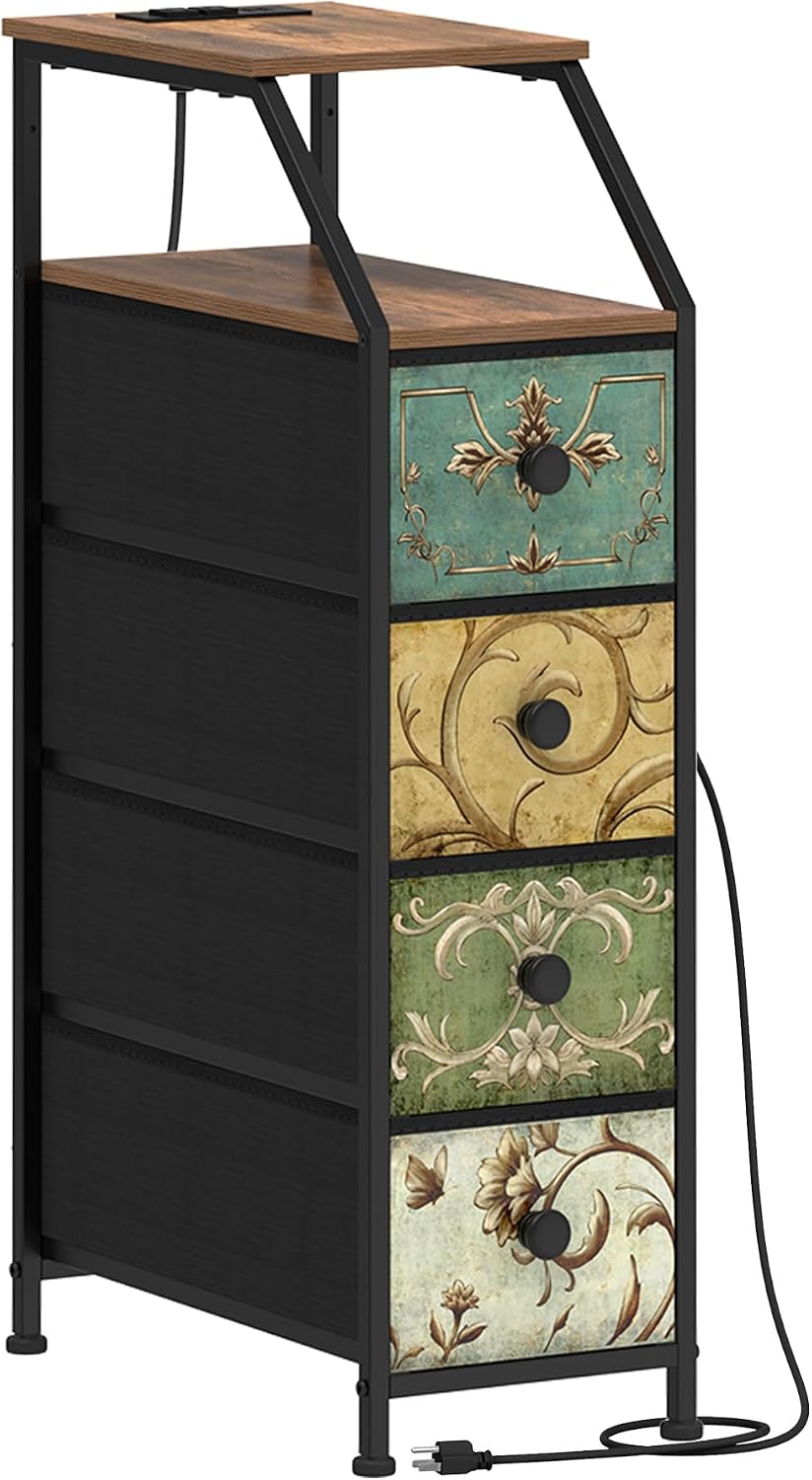 Slim Storage Cabinet with Charging Station – Tall Narrow Nightstand with 4 Drawers