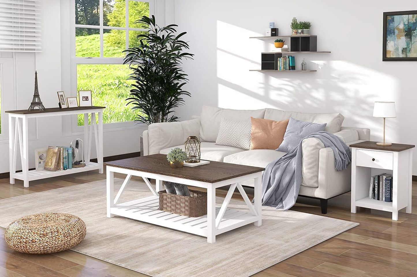 Farmhouse Coffee Table with Storage Shelf – Rustic Two-Tone Living Room Table