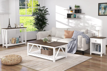 Farmhouse Coffee Table with Storage Shelf – Rustic Two-Tone Living Room Table