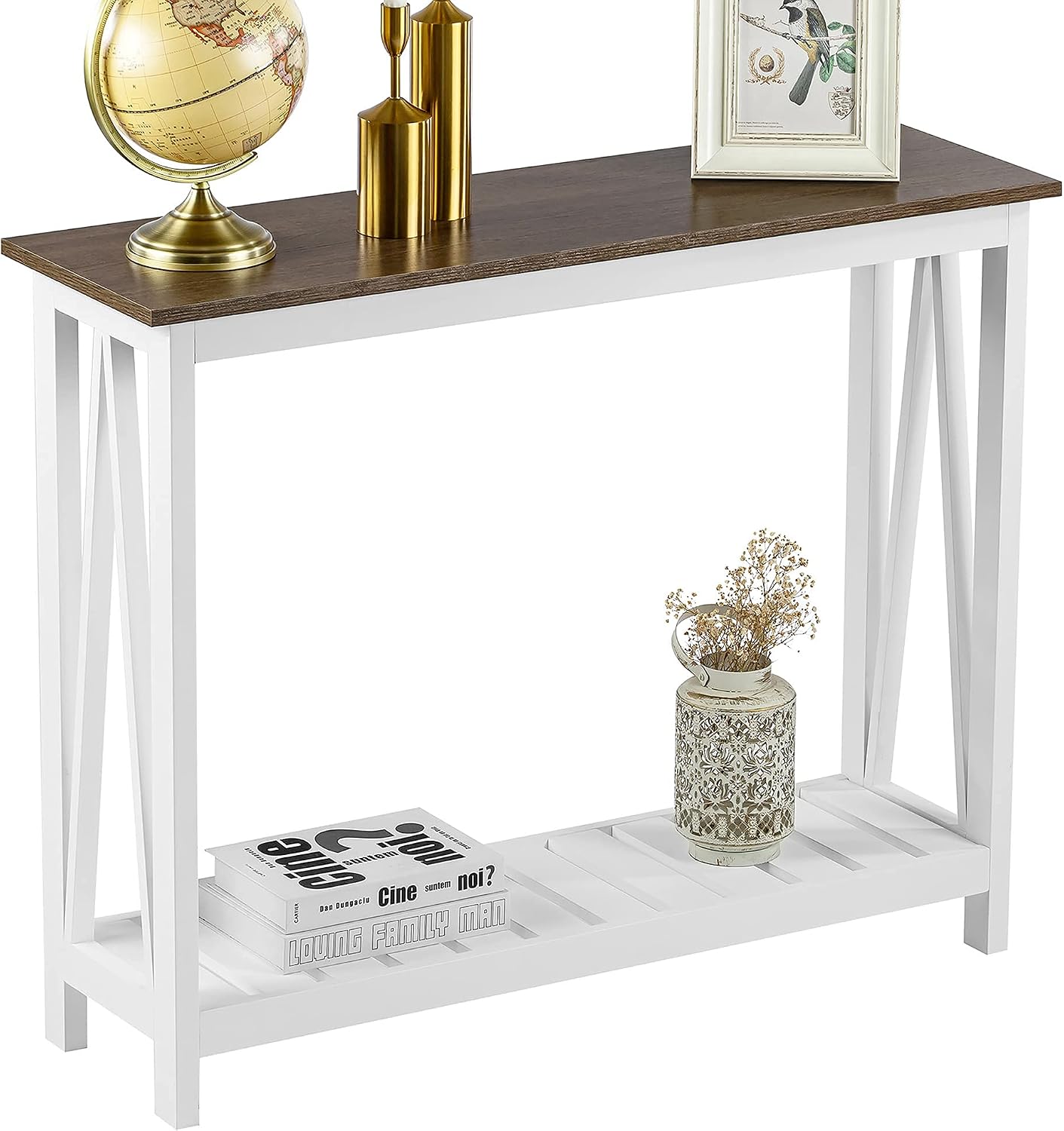 Farmhouse Console Table – Narrow White Sofa Table with Lower Storage Shelf