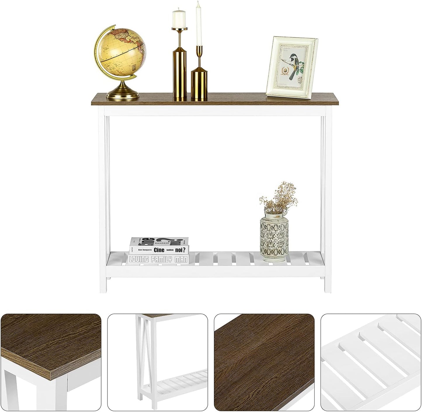 Farmhouse Console Table – Narrow White Sofa Table with Lower Storage Shelf