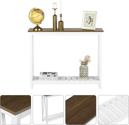 Farmhouse Console Table – Narrow White Sofa Table with Lower Storage Shelf