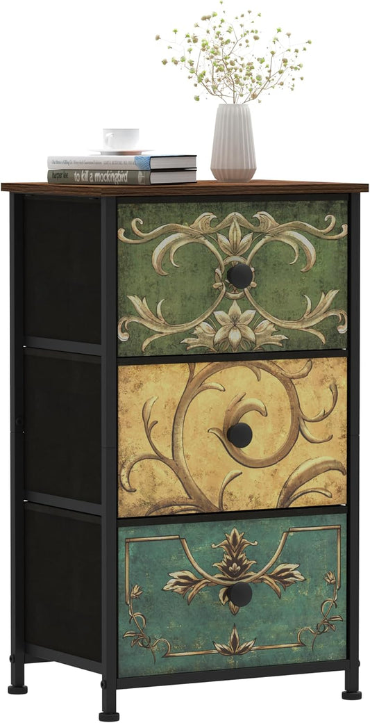 Vintage Floral 3-Drawer Nightstand – Slim Storage Cabinet for Bedroom & Entryway
