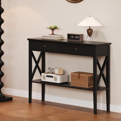 Slim Farmhouse Console Table with 2 Drawers & Storage Shelf