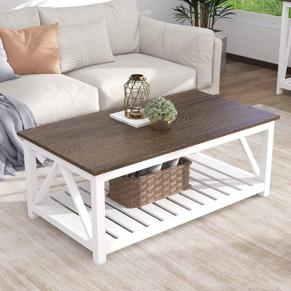 Farmhouse Coffee Table with Storage Shelf – Rustic Two-Tone Living Room Table