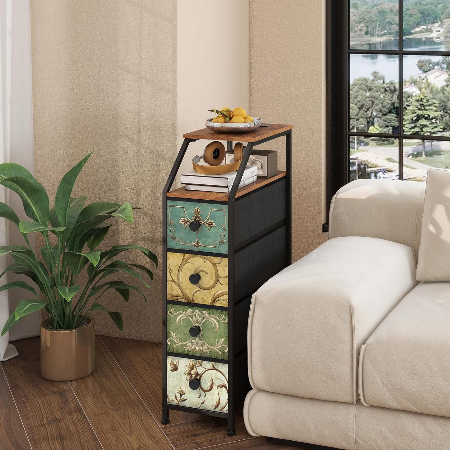 Slim Storage Cabinet with Charging Station – Tall Narrow Nightstand with 4 Drawers