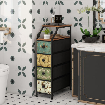 Slim Storage Cabinet with Charging Station – Tall Narrow Nightstand with 4 Drawers