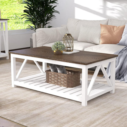 Farmhouse Coffee Table with Storage Shelf – Rustic Two-Tone Living Room Table
