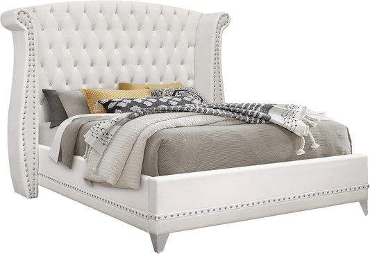 Glamorous King Upholstered Platform Bed – Tufted Wingback Headboard with Crystal Accents