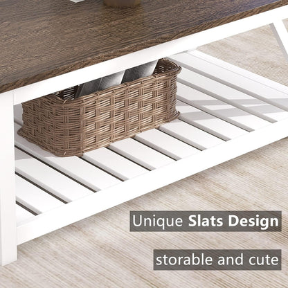 Farmhouse Coffee Table with Storage Shelf – Rustic Two-Tone Living Room Table