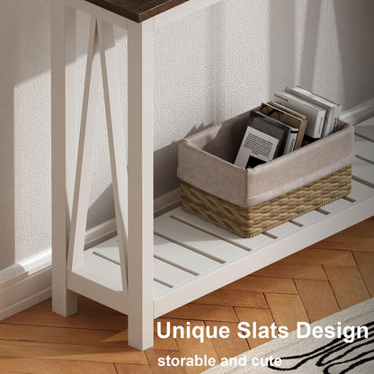 Farmhouse Console Table – Narrow White Sofa Table with Lower Storage Shelf