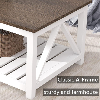 Farmhouse Coffee Table with Storage Shelf – Rustic Two-Tone Living Room Table