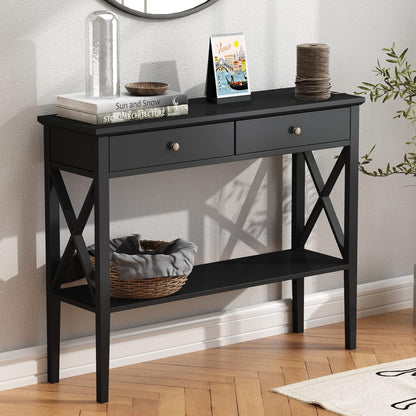 Slim Farmhouse Console Table with 2 Drawers & Storage Shelf
