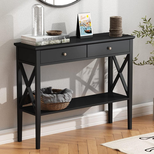 Slim Farmhouse Console Table with 2 Drawers & Storage Shelf