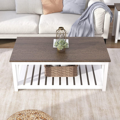 Farmhouse Coffee Table with Storage Shelf – Rustic Two-Tone Living Room Table