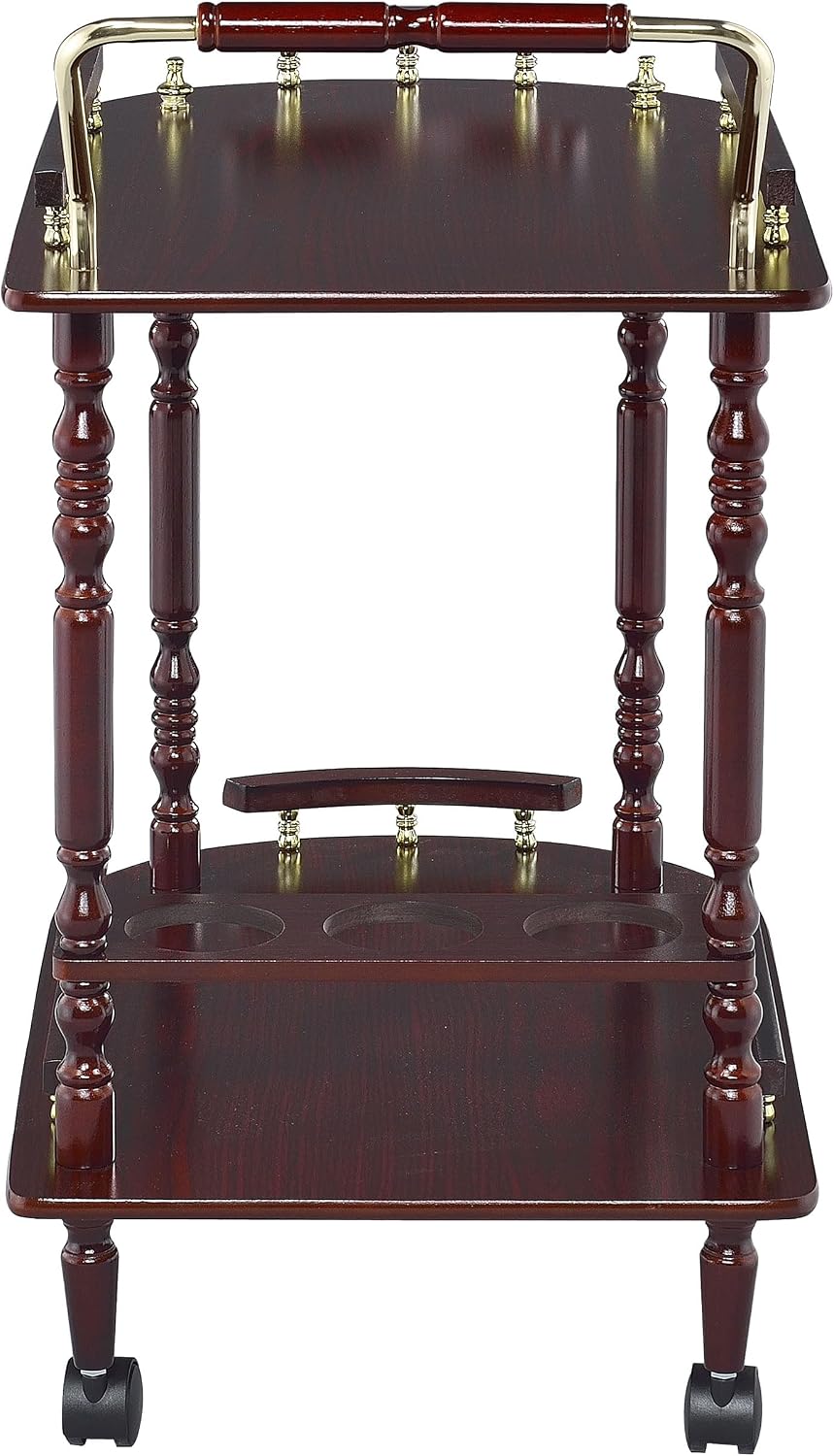 Vintage 2-Tier Serving Cart – Rolling Bar Cart with Wood Shelves & Brass-Tone Details