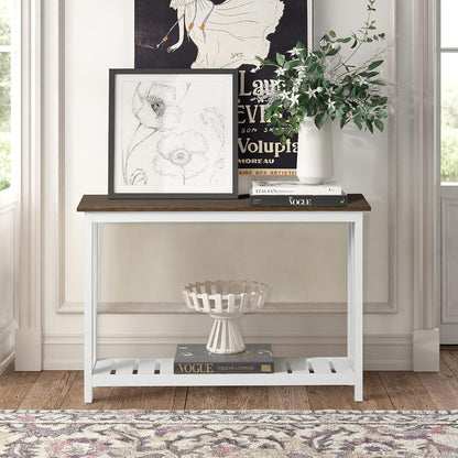 Farmhouse Console Table – Narrow White Sofa Table with Lower Storage Shelf