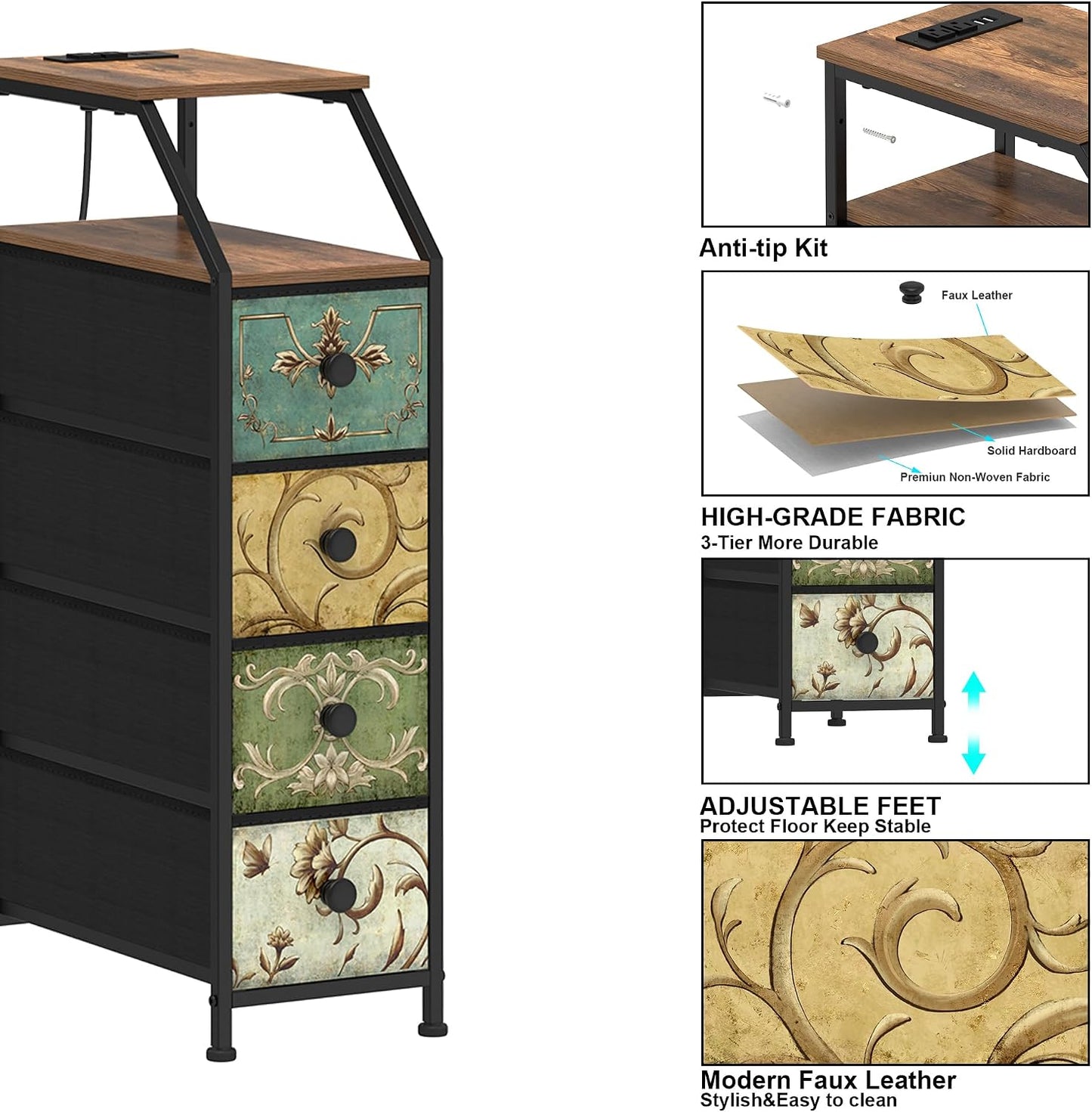 Slim Storage Cabinet with Charging Station – Tall Narrow Nightstand with 4 Drawers