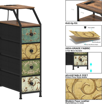 Slim Storage Cabinet with Charging Station – Tall Narrow Nightstand with 4 Drawers