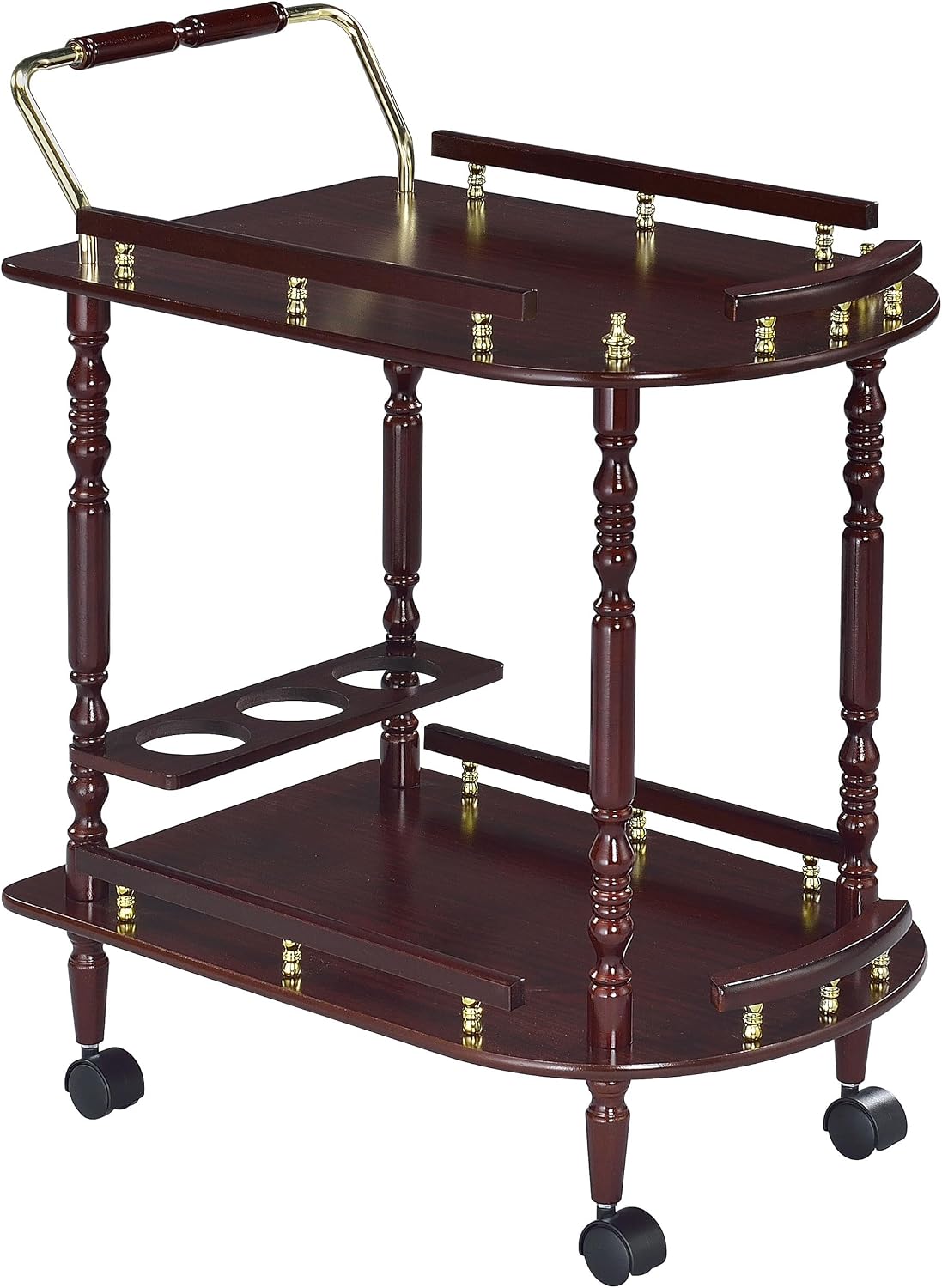 Vintage 2-Tier Serving Cart – Rolling Bar Cart with Wood Shelves & Brass-Tone Details
