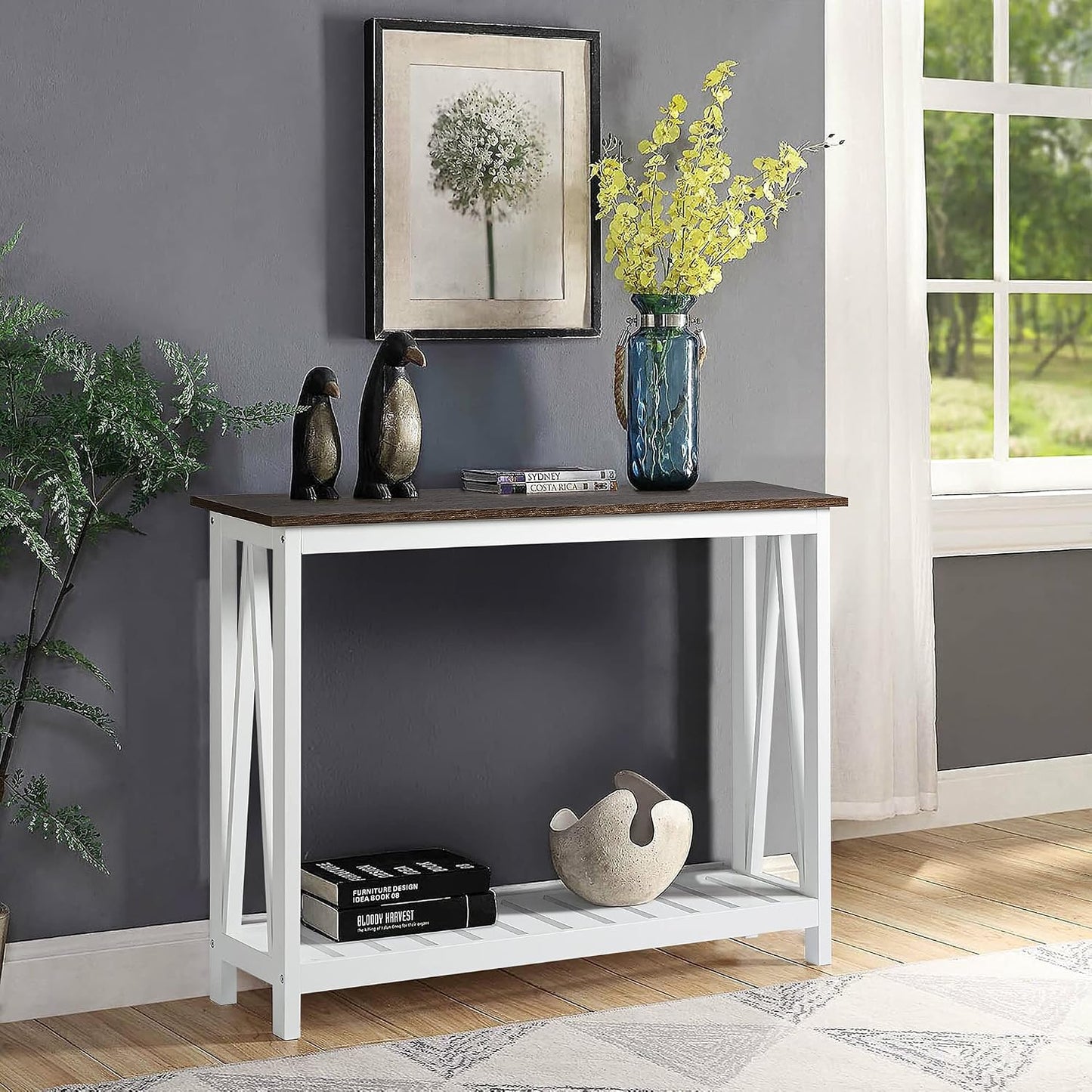 Farmhouse Console Table – Narrow White Sofa Table with Lower Storage Shelf
