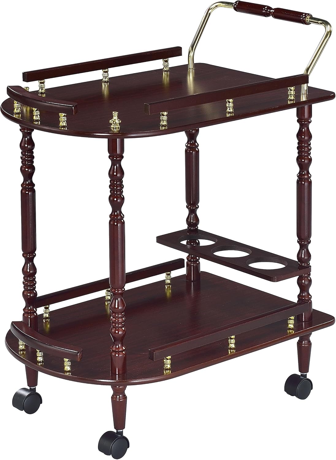 Vintage 2-Tier Serving Cart – Rolling Bar Cart with Wood Shelves & Brass-Tone Details