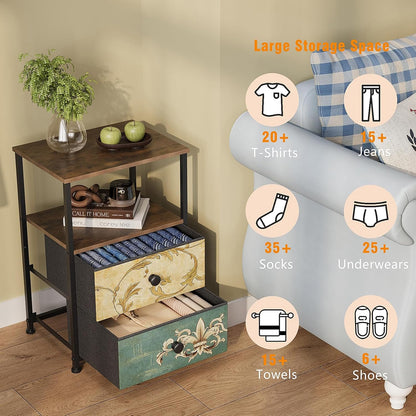 Modern Nightstand with Charging Station – LED Bedside Table with 3 Drawers & Storage
