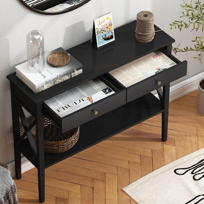 Slim Farmhouse Console Table with 2 Drawers & Storage Shelf