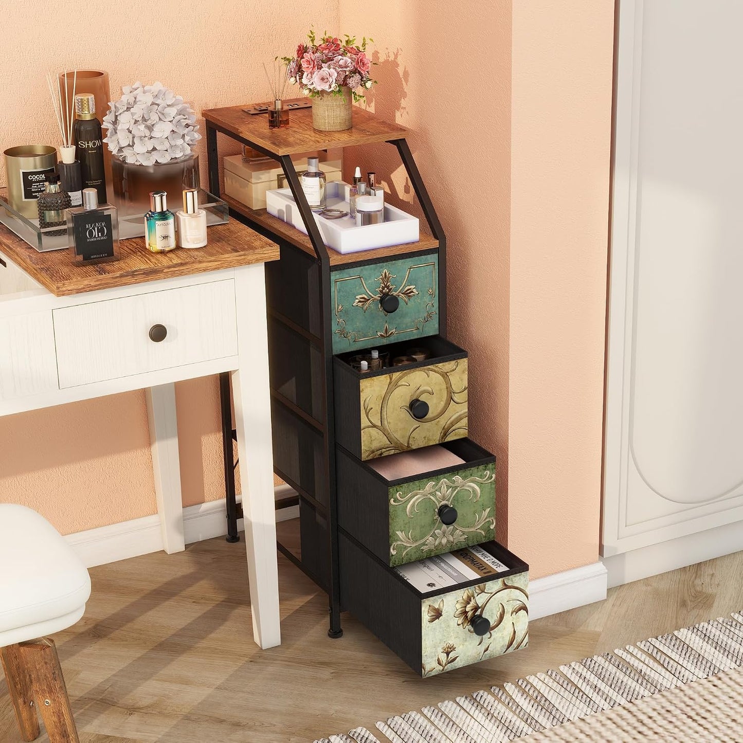 Slim Storage Cabinet with Charging Station – Tall Narrow Nightstand with 4 Drawers