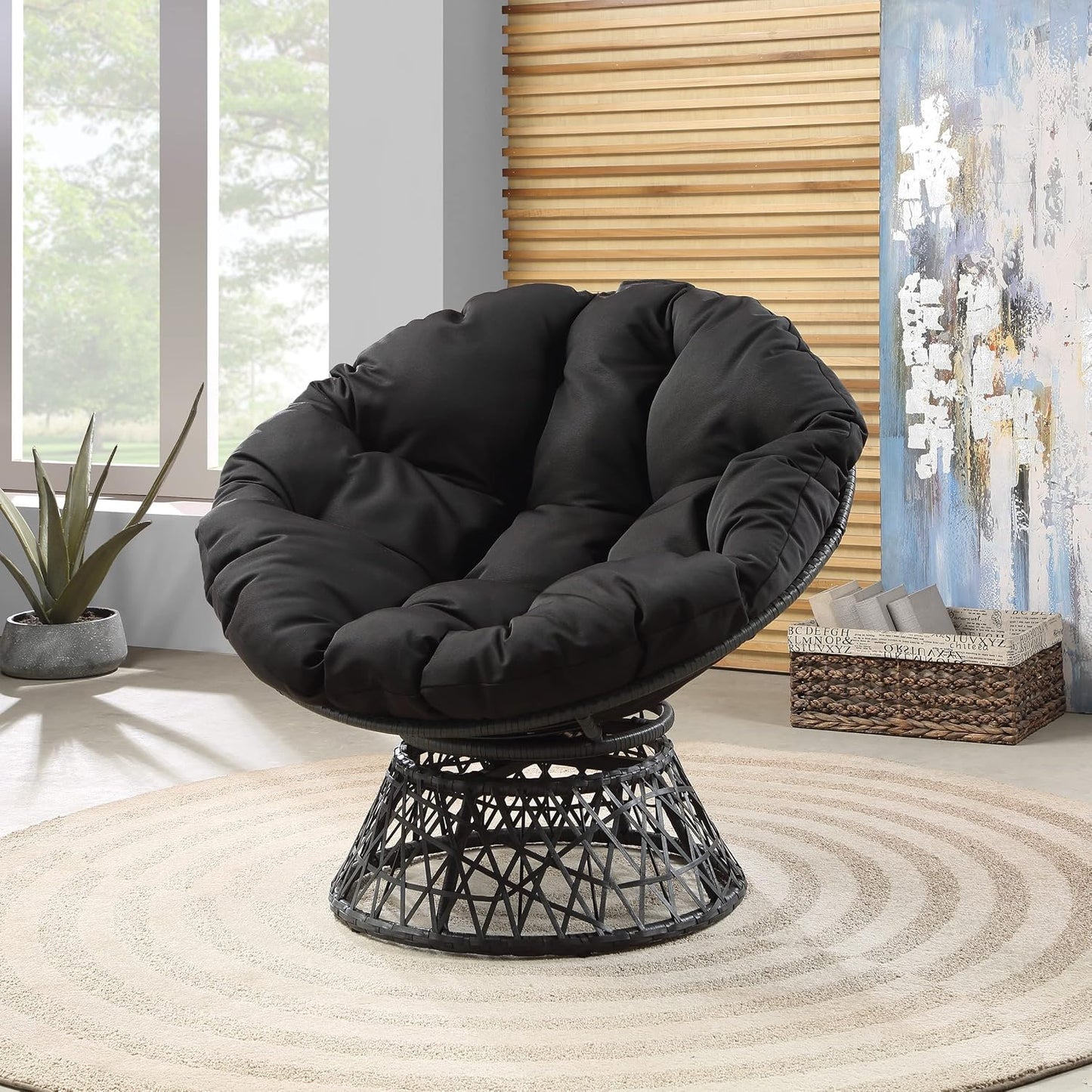 Cozy Swivel Papasan Chair – Plush Round Lounge Chair for Relaxing