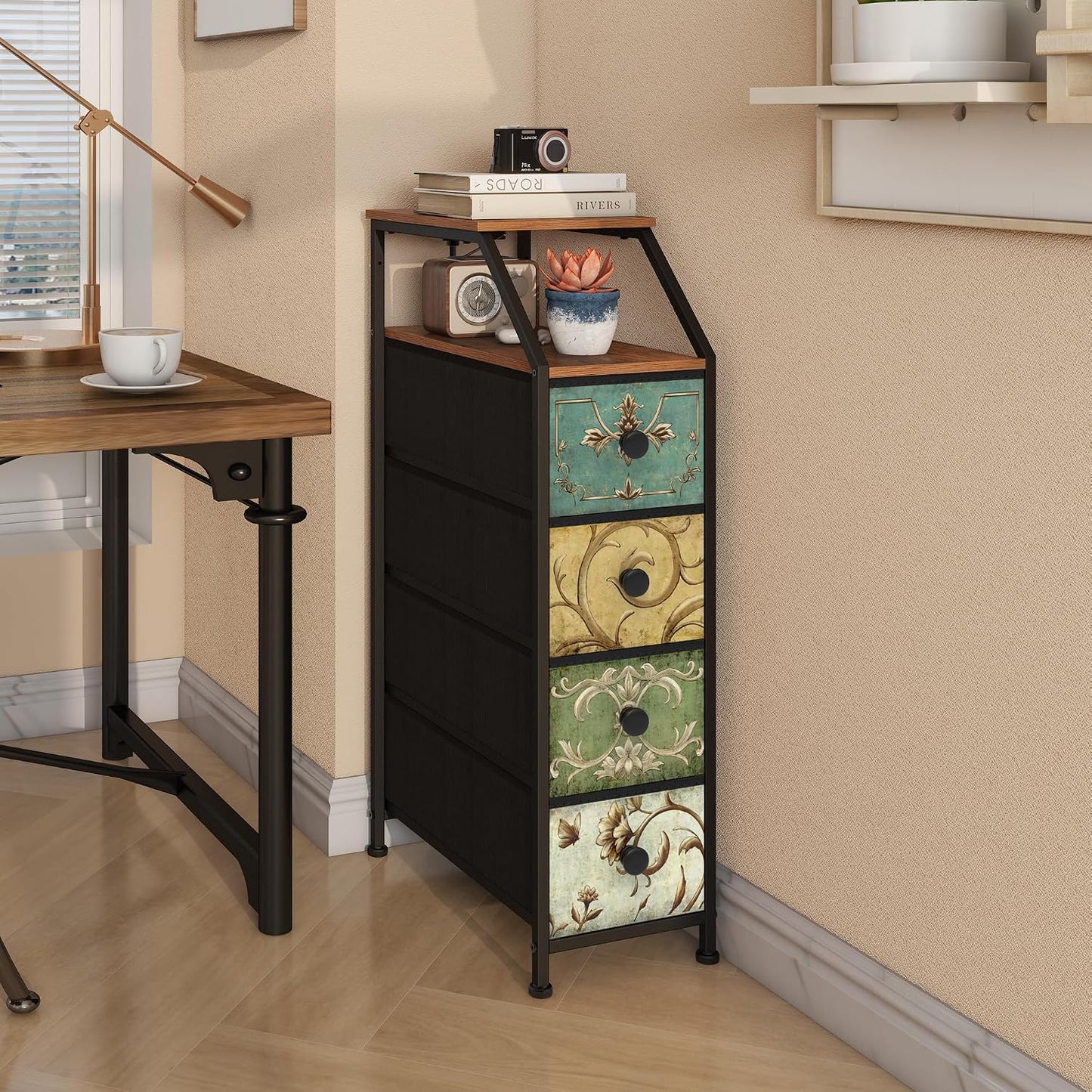Slim Storage Cabinet with Charging Station – Tall Narrow Nightstand with 4 Drawers