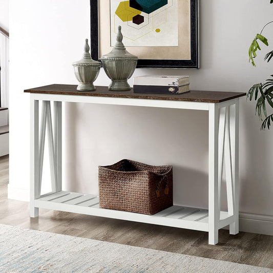 Farmhouse Console Table – Narrow White Sofa Table with Lower Storage Shelf