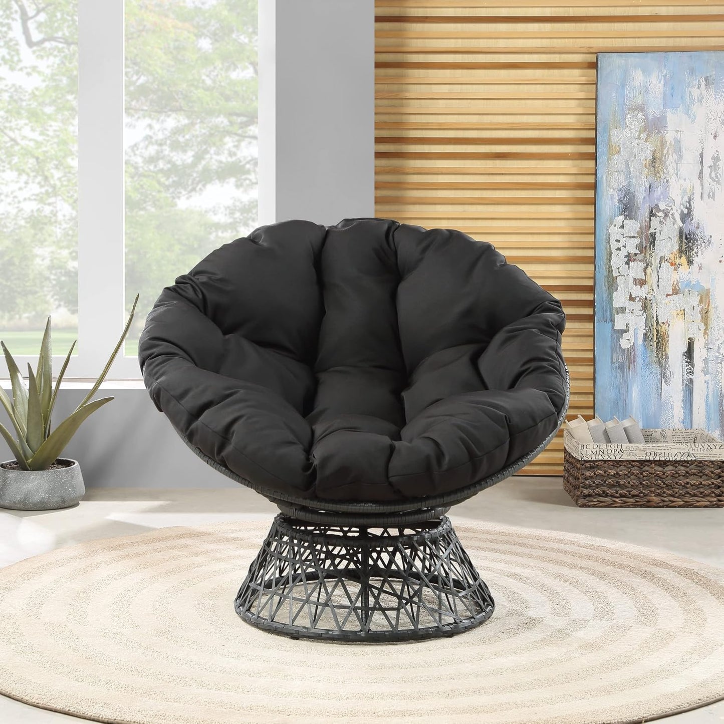 Cozy Swivel Papasan Chair – Plush Round Lounge Chair for Relaxing
