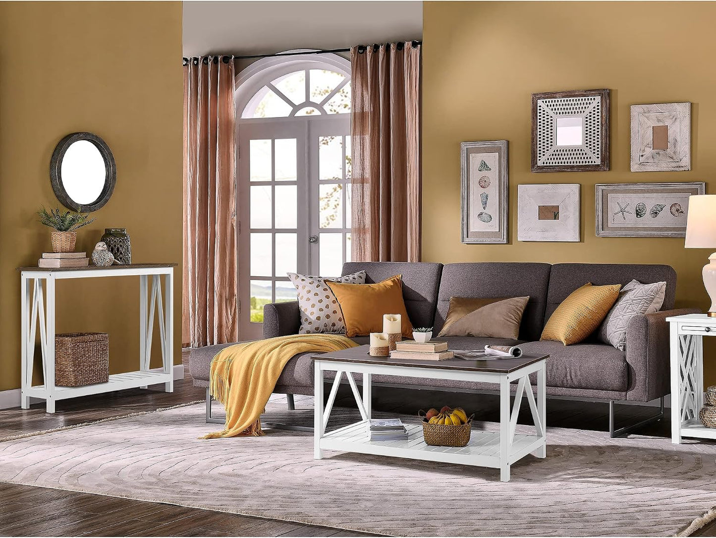 Farmhouse Console Table – Narrow White Sofa Table with Lower Storage Shelf