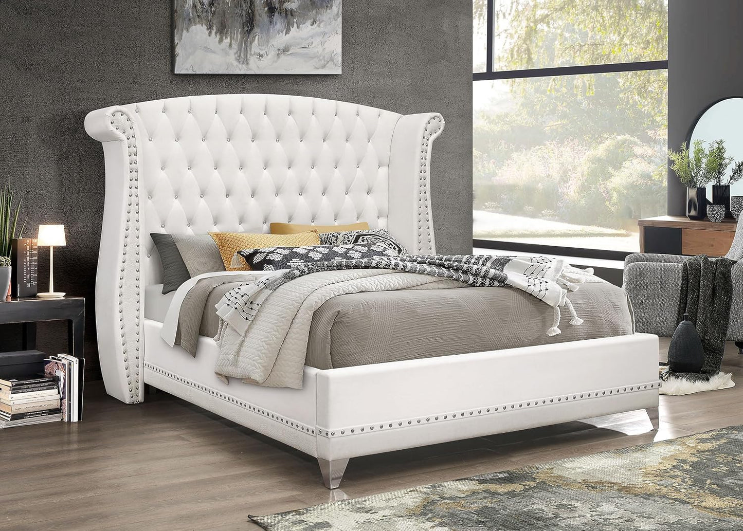 Glamorous King Upholstered Platform Bed – Tufted Wingback Headboard with Crystal Accents