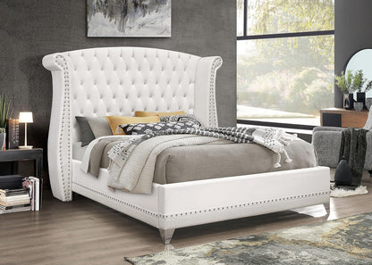Glamorous King Upholstered Platform Bed – Tufted Wingback Headboard with Crystal Accents