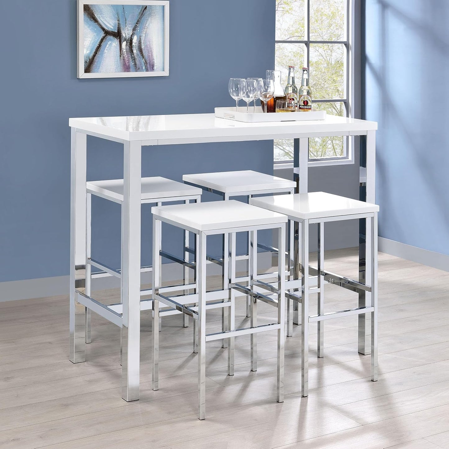 Modern 5-Piece Dining Set – Chrome Table with Contemporary Upholstered Chairs